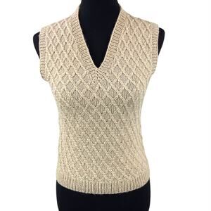 Vintage Wool Hand Knit Sweater Vest Size Small Tan Basket Weave